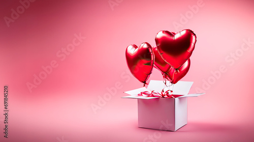Red foil balloons in the shape of a heart and a box on a pink background. Valentine's Day Celebration, Birthday, Mother's Day