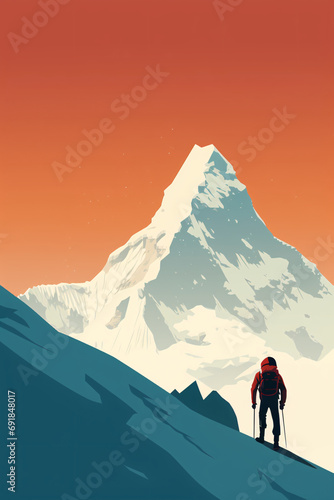 Climber conquers high mountains. Tourism on nature template of flyear, magazines, poster, book cover, banners. Active lifestyle invitation concept background. Layout illustration modern page