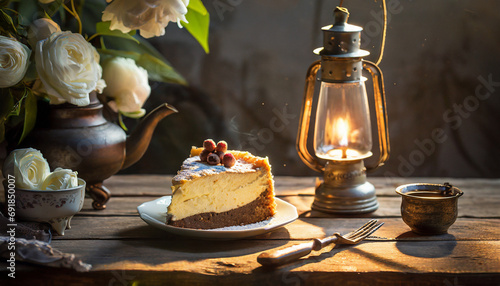 Kawałek ciasta, na drewnianym stole, oświetlony pięknym światłem ze starej lampy naftowej