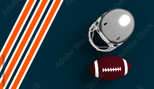 American football helmet and ball with Chicago Bears team colors background. Template for presentation or infographics. 3D render