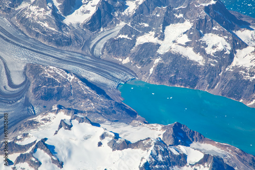 Aerial view of scenic Greenland Glaciers and icebergs