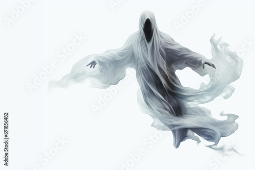 Grey faceless ghost with billowing sheets on white background