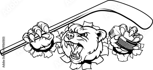 A bear ice hockey player animal sports mascot holding a hockey stick and puck