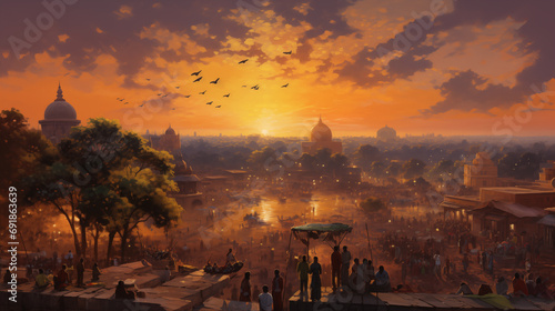 A serene city scene of New Delhi celebrating holi, with sunset with visible brushwork. Impasto texture and chiaroscuro lighting, emulating the style of a classical oil painting