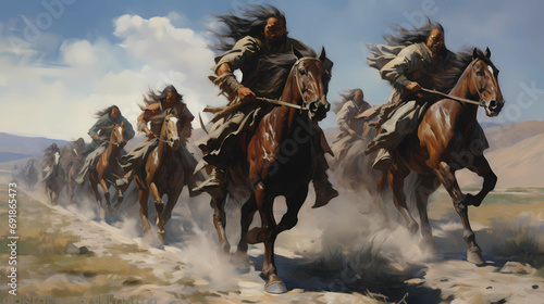 Prehistoric European Horseriders On Steppes, a group of men riding horses.