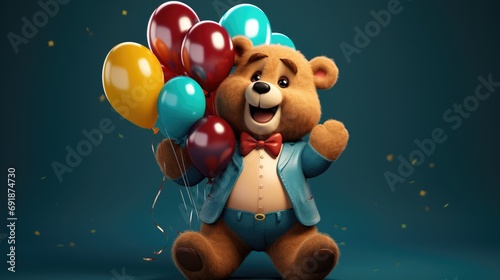 A chubby 3D teddy bear with a heartwarming smile, clutching helium balloons.