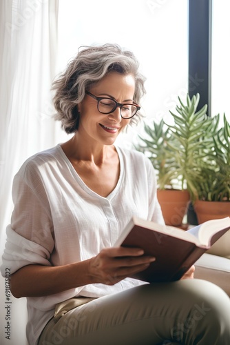 a happy old lady quietly reading a book at home, capturing a cozy atmosphere. generative AI