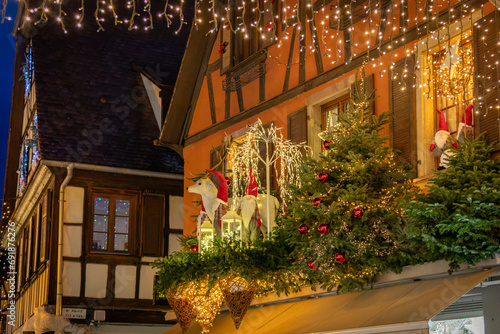 Decoration in Christmas market in Obernai, Alsace, France on December 10th 2023