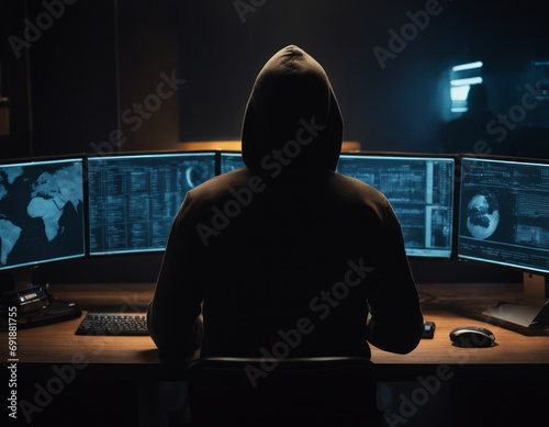 Rear view of hacker in brown hoodie in darkened room. Cyber security, cyber crime.