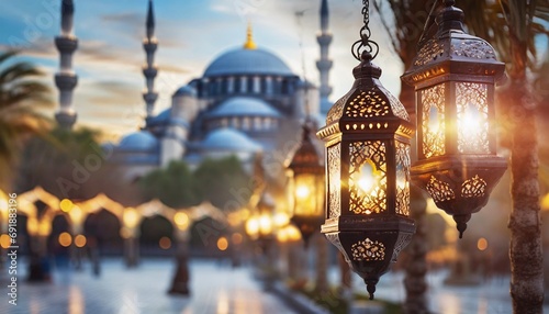 Lanterns in City with Mosque in the background during Ramadan.