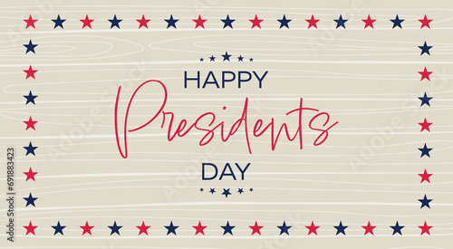 Happy Presidents Day banner. Congratulations on the federal holiday in America. Banner with stars and inscriptions on a wooden background.