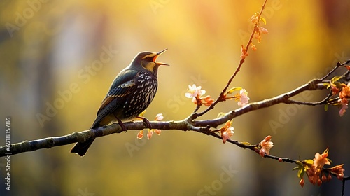 In early spring, a starling sings on a tree branch.