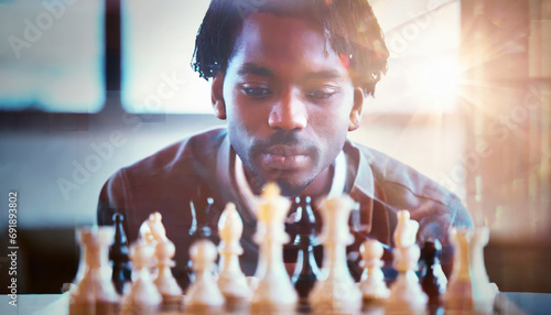 A man is focused looking at the chessboard.