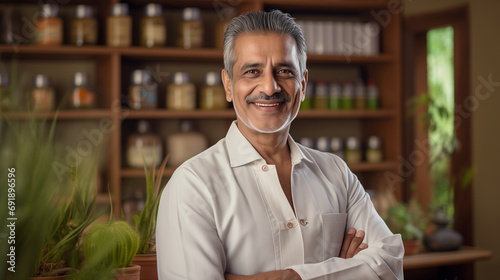A smiling Indian Ayurvedic doctor in his clinic, surrounded by Ayurvedic medicines