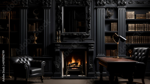 a black wall with intricate moulding patern, old english office