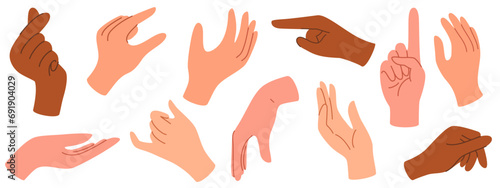 Set of hands in doodle style human arms. Vector different man woman hands showing peace sign, heart, thumbup isolated on the white background