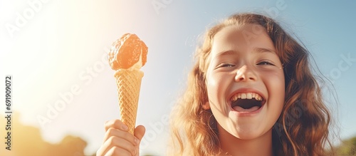 A teenage girl 12 13 years old enjoys eating glazed ice cream on a stick in the summer outdoors. Copy space image. Place for adding text