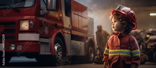 Child cute boy dressed in fire fighers cloths in a fire station with fire truck childs dream. Copy space image. Place for adding text
