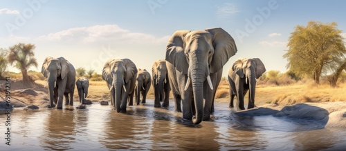 A colour side lit panorama image of a herd of elephants Loxodonta africana bathing and drinking at a dwindling waterhole in Savute Botswana. Copy space image. Place for adding text