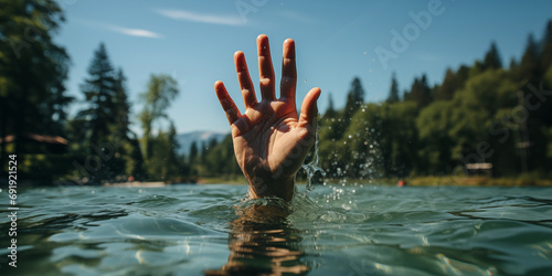Hand im Wasser bettelt um Hilfe vorm Ertrinken im Querformat für Banner, ai generativ