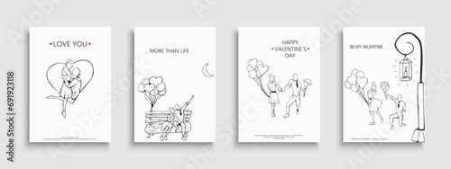 Collection of Valentines Day posters, greeting cards with romantic hand drawn illustrations of couple in love. Stylish holiday covers, banners, flyers, invitations 14th February cute concept