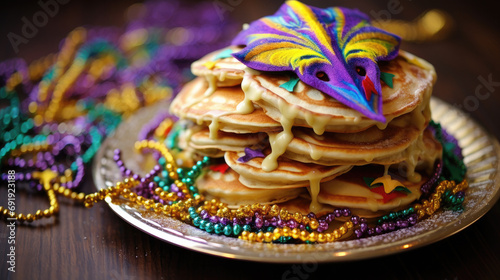 Festive cake for Mardi Gras (Fat Tuesday) holiday with decor on grey table