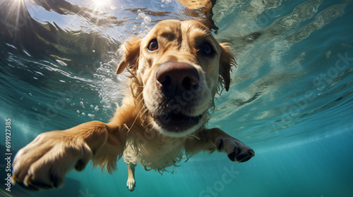 A greedier dog dives in clear water in summer.
