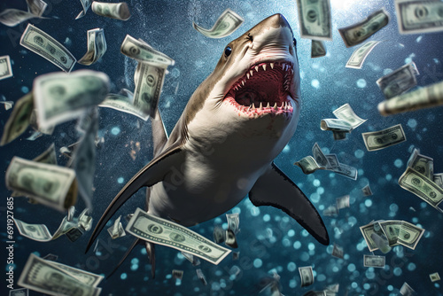 A shark with its mouth open surrounded by a lot of money scattered under the water. Business metaphor.
