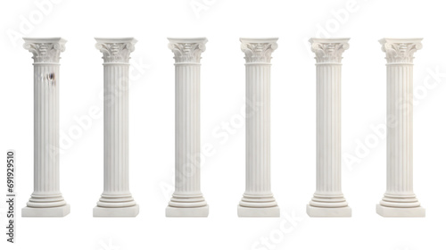 Six marble pillars columns ancient Greek isolated on white background. Generative AI.