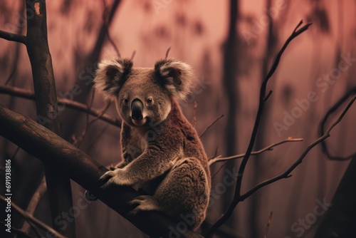 A koala perched on a tree branch amidst a dense forest, with the unfortunate occurrence of a forest fire in the vicinity