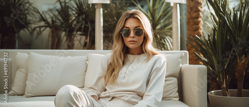 Woman in sunglasses relaxing on a white couch.