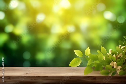 Spring Ambience with New Foliage over a Wooden Surface, design template, space to copy, product display backdrop, background, environmental awareness