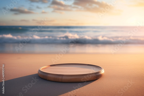 Wooden Tray Podium on Sand Beach, Morning Light