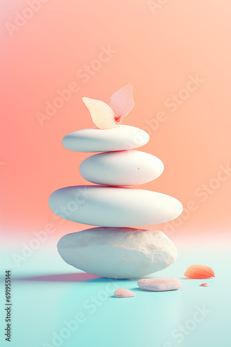 stll life with spa stones and Frangipani petals. Pastel colors poster. Vertical wallpaper with stack of pebbles; concept of balance and harmony for healthy wellnes lifestyle. zen concept on pink