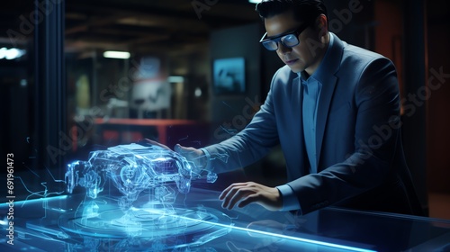 a businessman interacting with advanced augmented reality (AR) business interface utilizing holographic projections