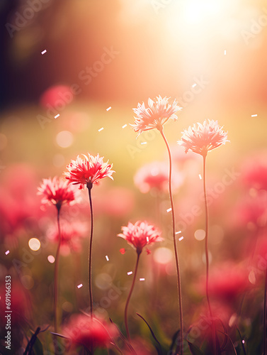 Red spring flowers on a meadow, blurry sunlight background 