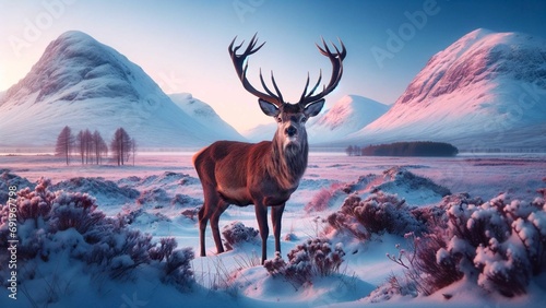 冬の静けさに立つ荘厳な鹿