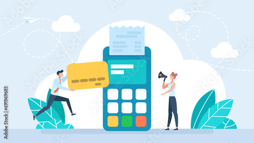 Cash register terminal purchase checkout, sales outlet with buyer. Banking payment cashier services. POS Terminal, debit credit card. Terminal for cashier employee in store. Vector illustration