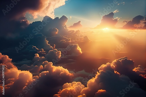 Fluffy clouds in the sky. sunset in the clouds. Generative AI Art. Beautiful view.