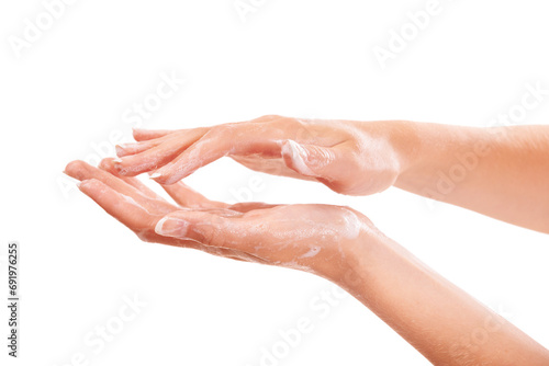Sanitary, soap and closeup of washing hands in studio for hygiene, wellness or self care. Cosmetic, foam and zoom of person or model clean skin to prevent germs, bacteria or dirt by white background.