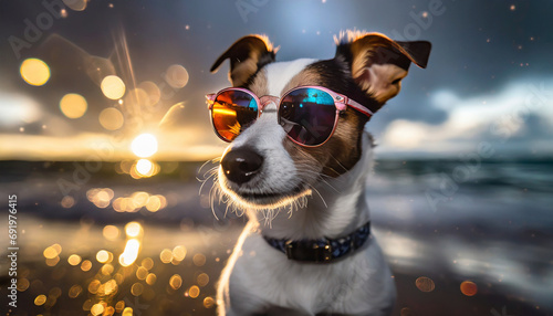 Jack Russell sur une plage avec des lunettes de soleil