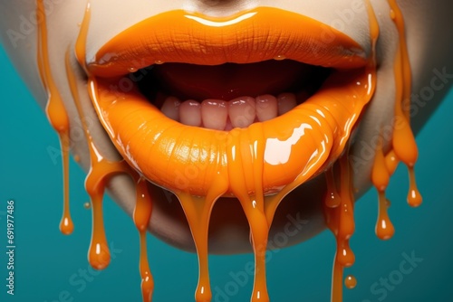  a close up of a woman's mouth with orange liquid dripping from the lip and orange lips on a blue background.