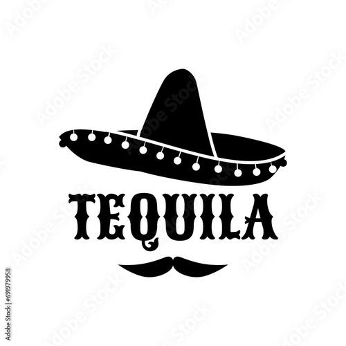 Mexican sombrero and tequila, Mexico cuisine and Latin drink beverage bar vector icon. Sombrero and mustache grunge silhouette with ethnic ornament for Mexican tequila product or drink bar emblem
