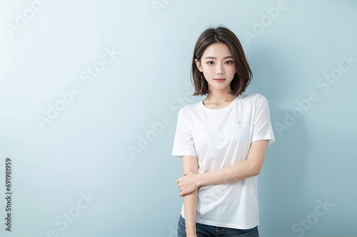 Tシャツを着た笑顔の日本人女性 青背景｜Generative AI