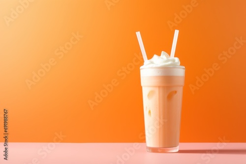  a glass of milkshake with two straws sticking out of it on a pink surface with an orange background.