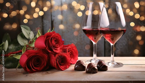Czerwone wino, czerwone róże i czekoladki w kształcie serca. Walentynkowe lub ślubne tło. Motyw zakochania, pierwszej randki