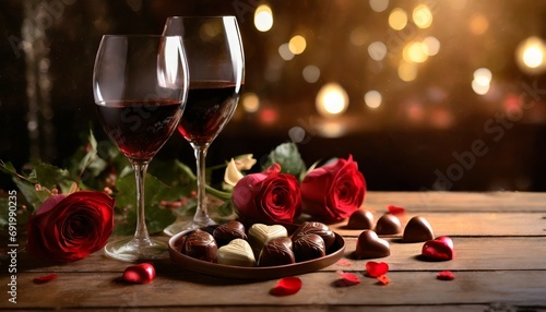 Walentynkowe tło z kieliszkami wypełnionymi czerwonym winem, czekoladkami w kształcie serca i czerwonymi różami