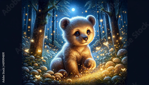 A serene and intricate illustration of a bear cub playing with fireflies in a moonlit glade