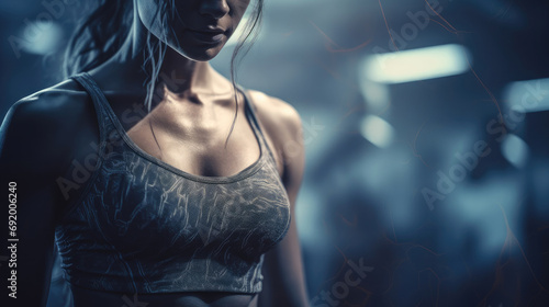 Athletic fitness trainer woman on blurred gym background.