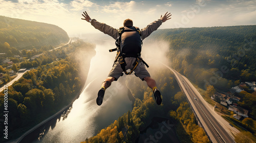 An extreme sportsman jumps with a parachute from a bridge over the river.